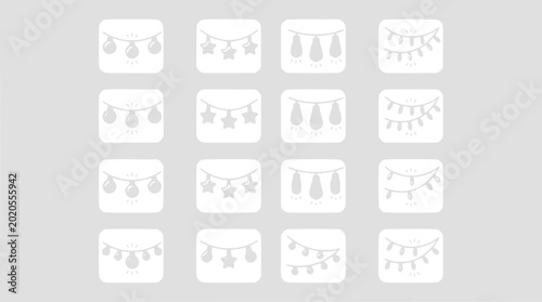 Set of 16 simple white garland icons on grey background