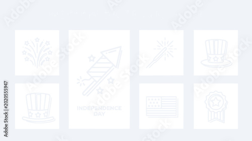 USA Independence Day Icons Set: Fireworks, Flag, Hat, Sparkler, Medal, Firecracker