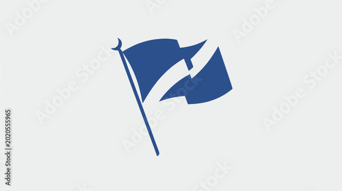 Waving blue flag with white stripe on flagpole against light grey background, clean design