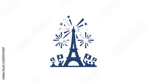 Eiffel Tower Fireworks Celebration with French Flags and Crowd