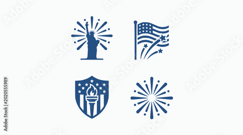 American Symbols Icons: Statue of Liberty, Flag, Torch, Fireworks - Blue and White