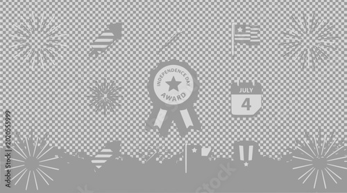 July 4th Celebration Icons: Fireworks, Flag, Calendar, Award Badge on Transparent Background