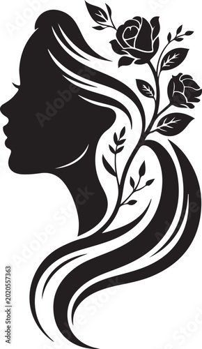 Fotografie Elegant Female Face Floral Hair Design,Beautiful Woman Portrait Silhouette Vecto