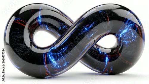 Glossy black infinity symbol with glowing orange energy
