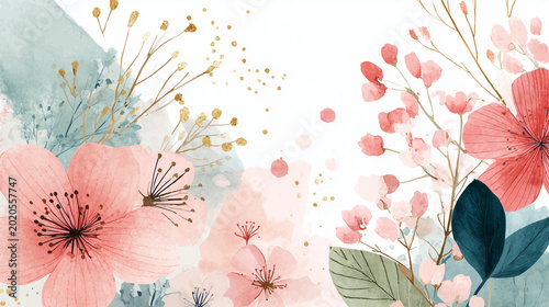 Pink and gold watercolor floral composition with texture