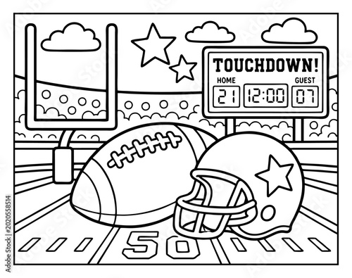 Photos Coloring page featuring american football equipment with a stadium background fo