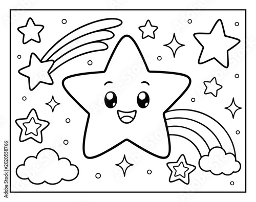 Quadro em tela Coloring page featuring a cute smiling star character with a rainbow and twinkli