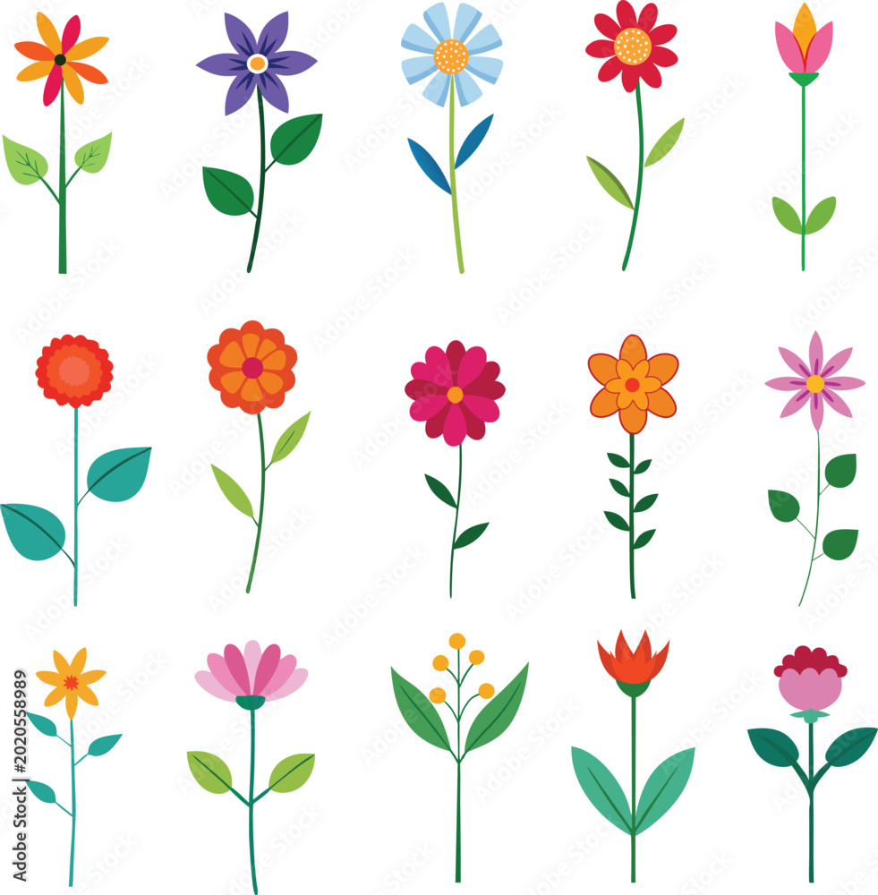 Obraz premium Collection of colorful flat vector flower icons on white background.Assorted simple flower stems with green leaves in flat style.