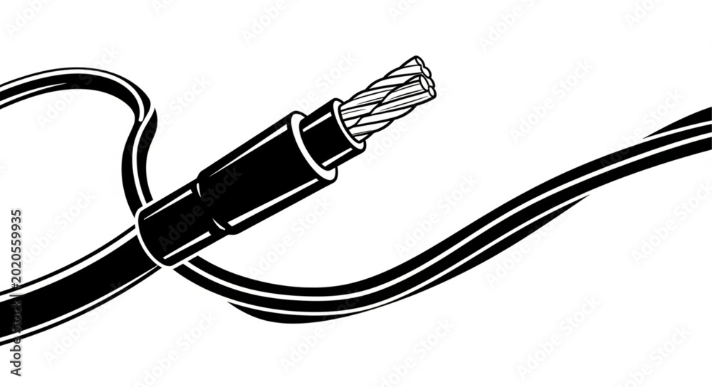 Photography Electrical power cable with exposed copper wire strands.