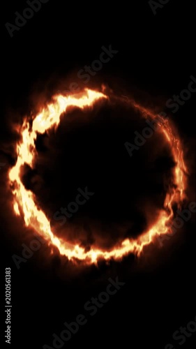 Fiery ring glowing in darkness abstract motion background.