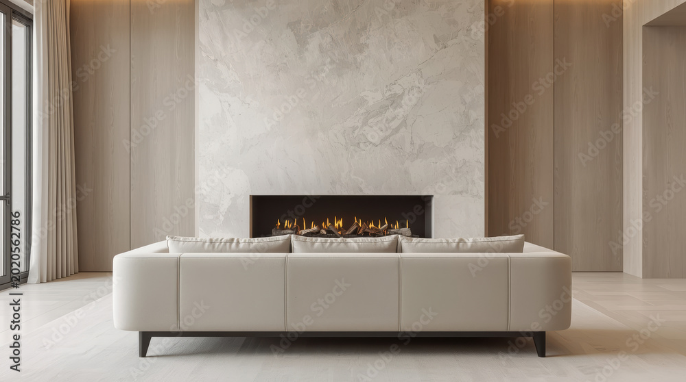 Fototapeta premium Clean beige sofa facing modern linear fireplace in minimalist living room with warm light