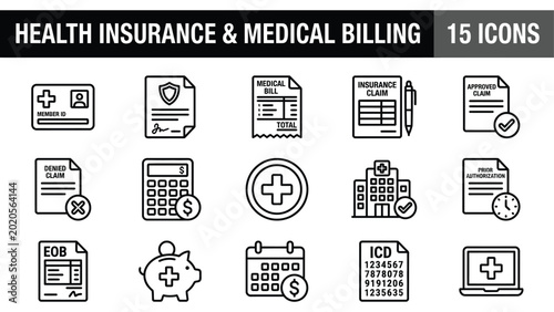 Fotografi Medical billing and health insurance icons set