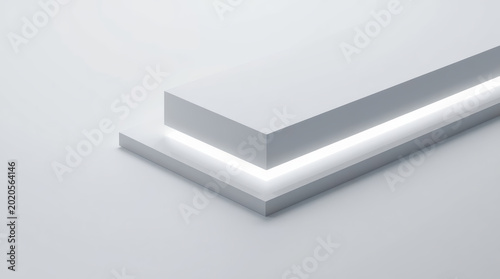 Minimalist white platform with illuminated gap and clean geometric layers