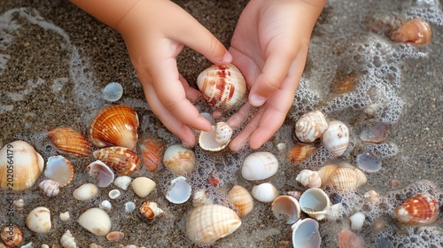 Child's hands collecting colorful seashells on sandy beach
