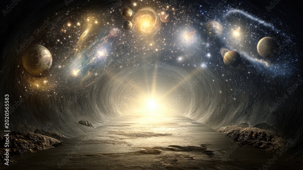 Obraz premium Surreal starry tunnel with solar system at one end and distant constellations at the other, glowing with cosmic energy.