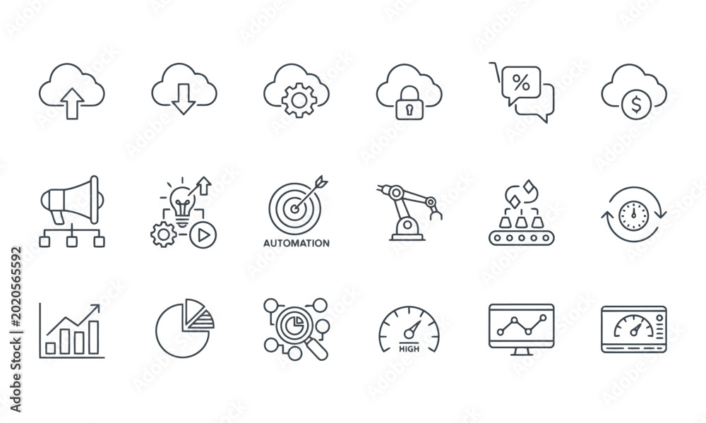 Fototapeta premium Professional set of linear icons for cloud computing and business automation showcasing digital transformation data management and analytical tools on a simple clean white background for development