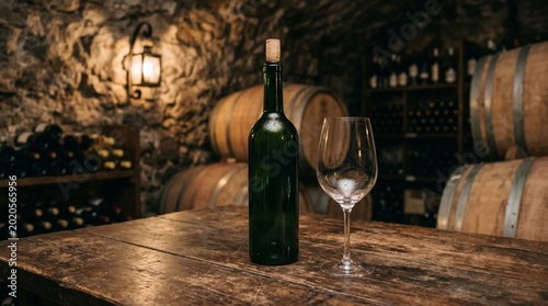 Dark green glass wine bottle without label standing beside an elegant empty crystal wine glass, studio still life for beverage design mockup