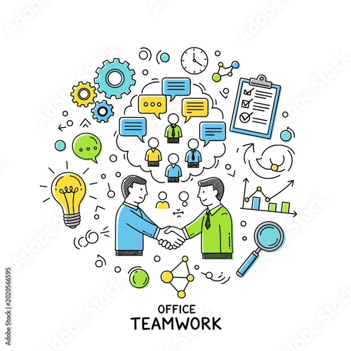 Two businessmen shaking hands in a circle of office teamwork icons.