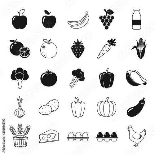 Collection of Fresh Fruits Vegetables Dairy and Grains Icons.