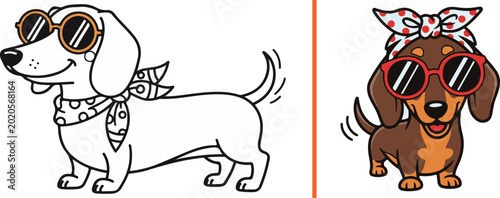 Dachshund wearing sunglasses and bandana. Cartoon dog illustration for lifestyle and fashion.