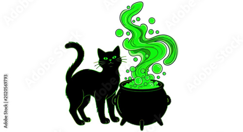 Fotografie Black Cat and Witch's Cauldron with Green Potion Bubbling