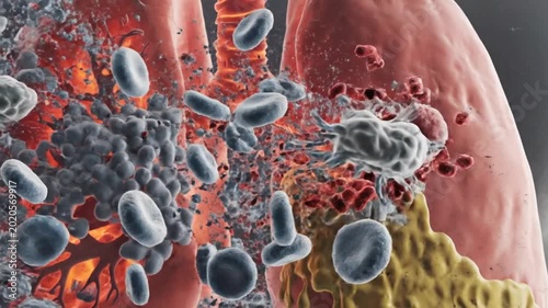 Ultra detailed cinematic 3D medical animation pneumonia infection inside human lungs inflamed alveoli filled with fluid and mucus bacteria and viruses invading tissue white blood cells attacking patho