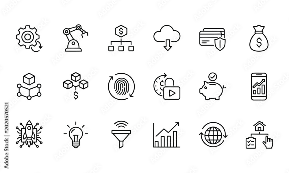 Fototapeta premium Set of modern thin line business icons including marketing strategy and digital growth symbols for web design development projects