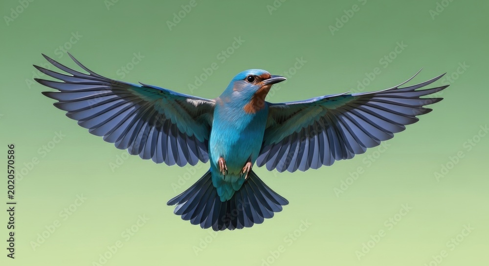 Fototapeta premium Blue bird with black wings and tail flying against a green background
