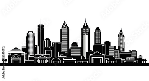 Konstfotografi Cityscape Silhouette, Modern Buildings, Urban Skyline Vector Illustration