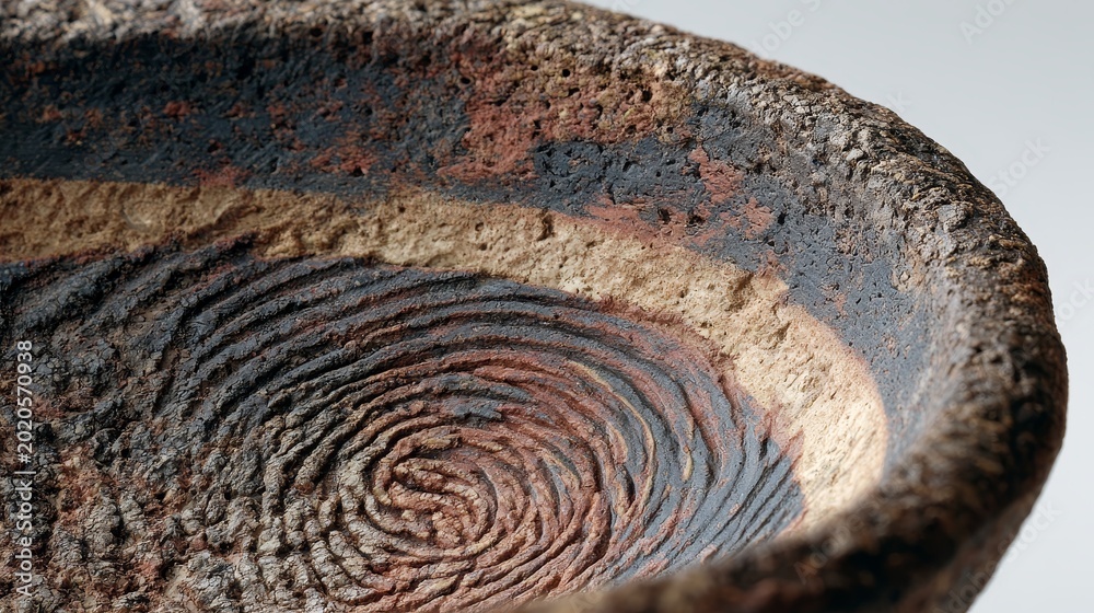 Naklejka premium Detailed concentric spiral design inside rough earthen bowl texture