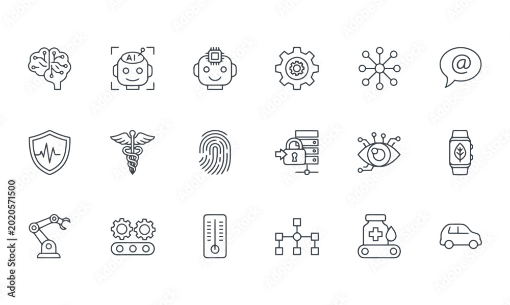 Εκτύπωση καμβά Modern linear tech and medical icons set featuring ai brain robotics security an