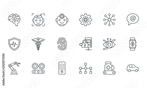 Fotografie Modern linear tech and medical icons set featuring ai brain robotics security an
