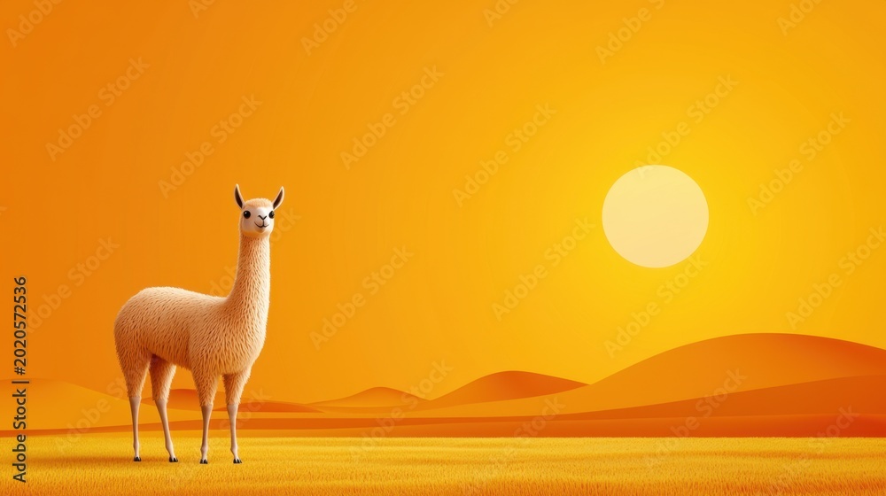 Fototapeta premium Charming Llama in Vibrant Desert Landscape at Sunset with Golden Light and Warm Color Palette
