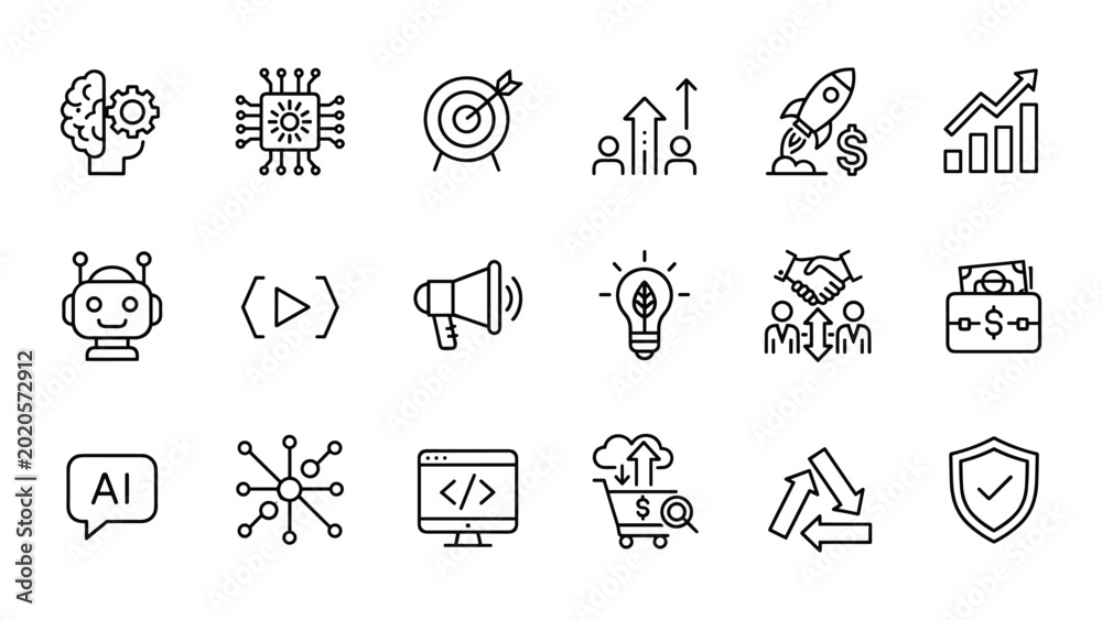 Fototapeta premium Business analytics and marketing performance icon collection featuring growth charts and digital strategy symbols for corporate dashboard design and web performance monitoring in clean vector style