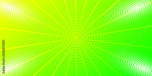 Foto High-energy abstract background featuring a vibrant yellow-to-green gradient with a central sunburst of radiating lines and a concentrated halftone dot pattern in the focal point