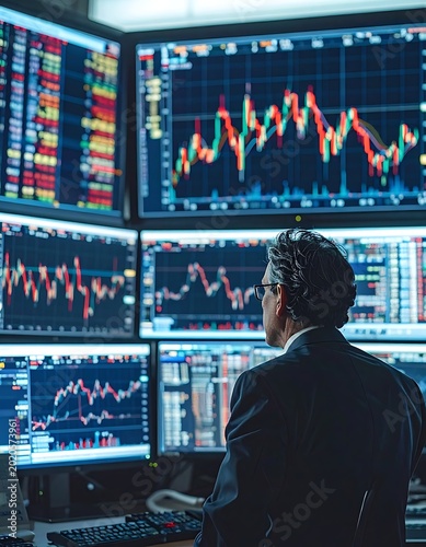 Businessman analyzing stock market data screens.
