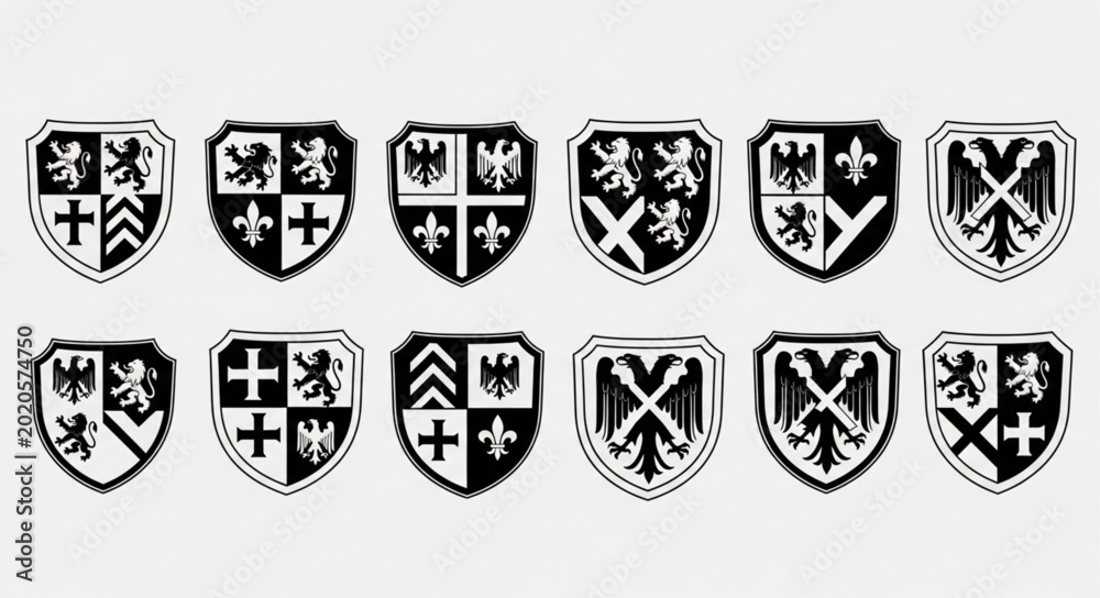 Fototapeta premium Collection of twelve heraldic shields with various symbols.