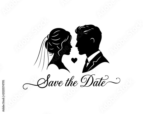 Fotografie Save The Date Wedding Invitation With Romantic Bride And Groom Silhouette