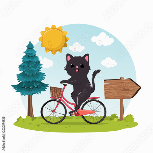 Cute black cat riding a bicycle in a sunny landscape