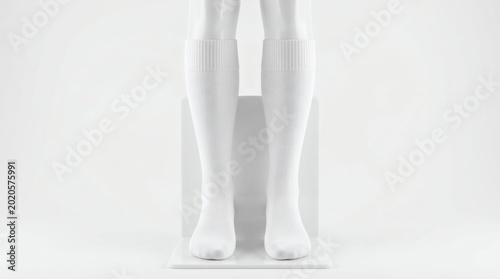 Blank White Knee High Socks Pair Acrylic Foot Stand Cotton Blend Mockup

