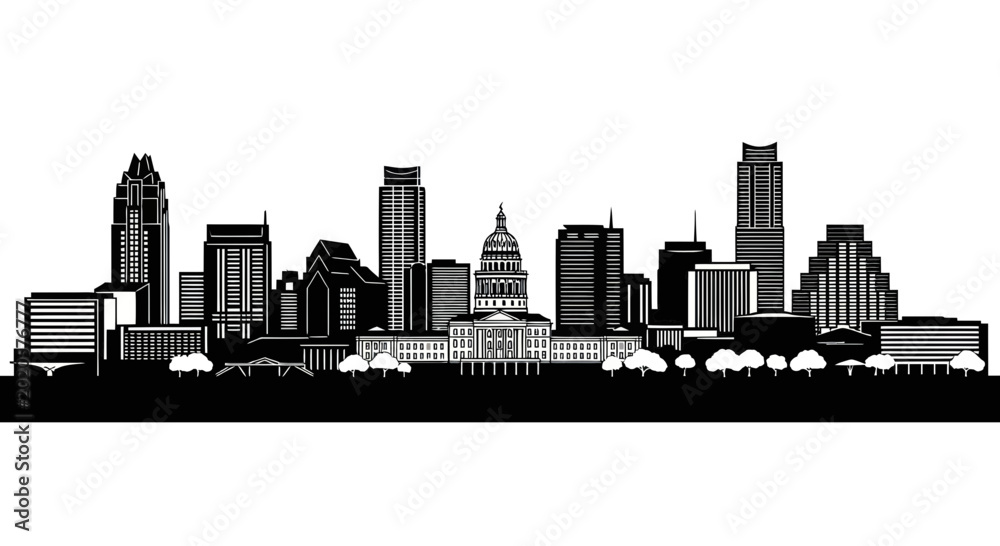 Obraz premium Austin Texas Skyline Silhouette Black and White Cityscape Vector Illustration