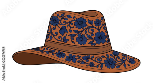 Fotografie Brown Fedora Hat with Blue Floral Embroidery