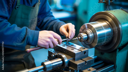 A person operates a lathe machine in an industrial setting with precision tools