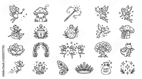 Fotografía Whimsical Fairy Tale Icons: Fairies, Magic, Mushrooms, Crystals, Dragon