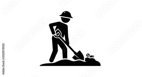 Bilde på lerret Construction worker digs into the ground with a spade to perform manual labor tasks