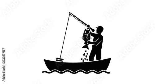 Photos Angler silhouette on a small vessel pulls a fishing rod with a large fish caught from the water