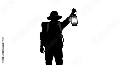 Traveler silhouette wearing a wide brim hat and backpack lifts a vintage lantern to illuminate surroundings.