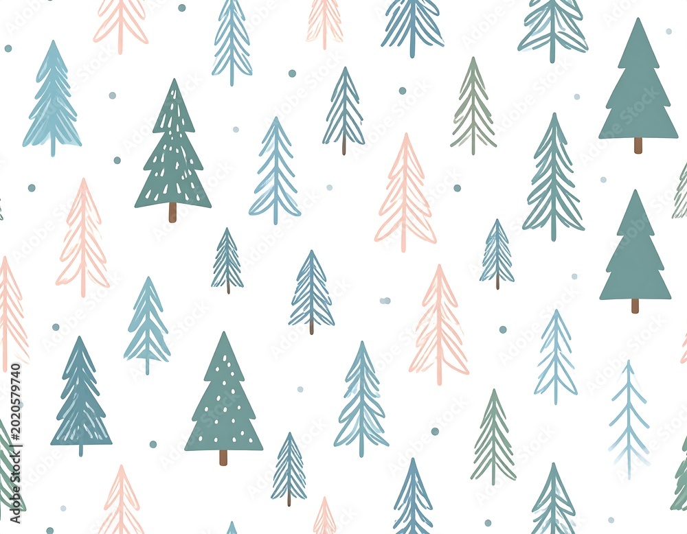 Obraz premium Whimsical illustration features a pattern of colorful, hand-drawn evergreen trees scattered on a white backdrop. Dotted accents included