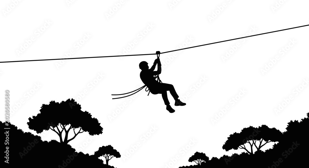 Εκτύπωση καμβά Zipliner hangs from a long cable while gliding across a vast forest valley in this black silhouette
