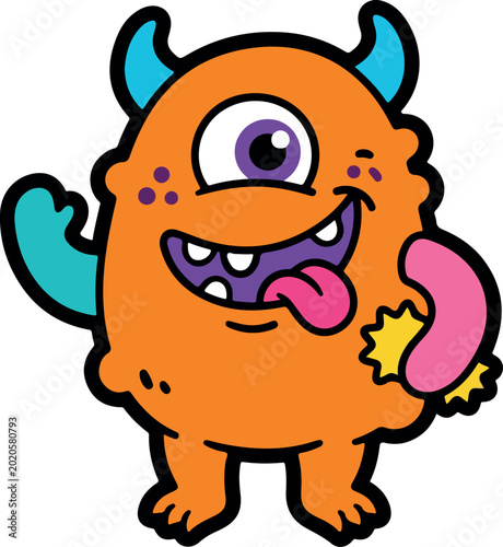 Bilde på lerret Cute Orange One-Eyed Monster Waving with Blue Horns